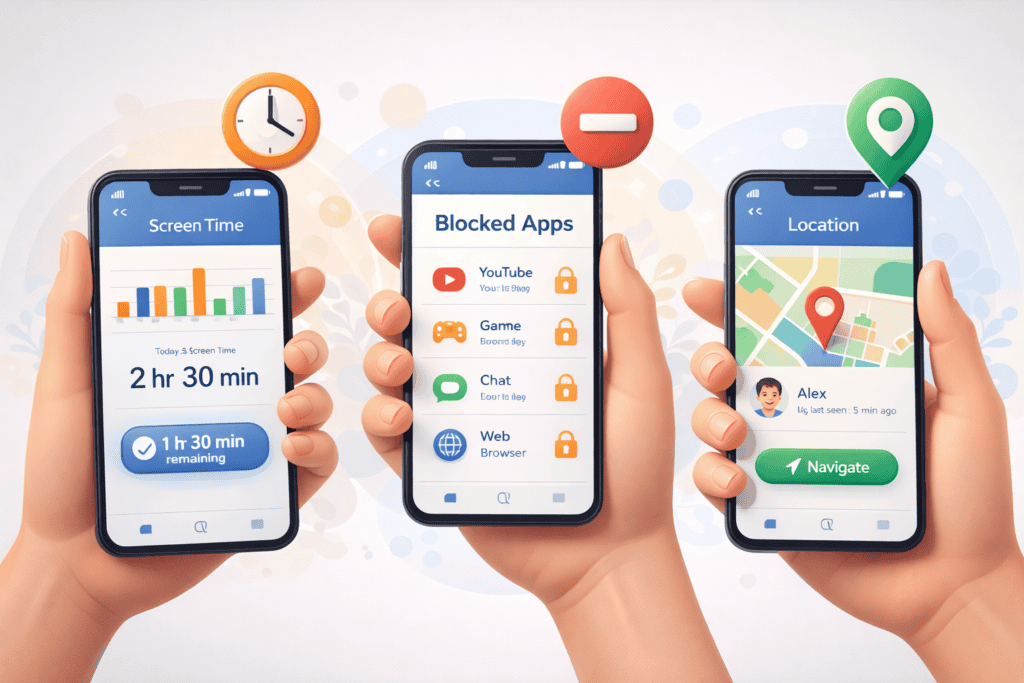 A 3D illustration of multiple hands holding smartphones, each displaying different parental control features such as screen time tracking, app blocking, and location monitoring.