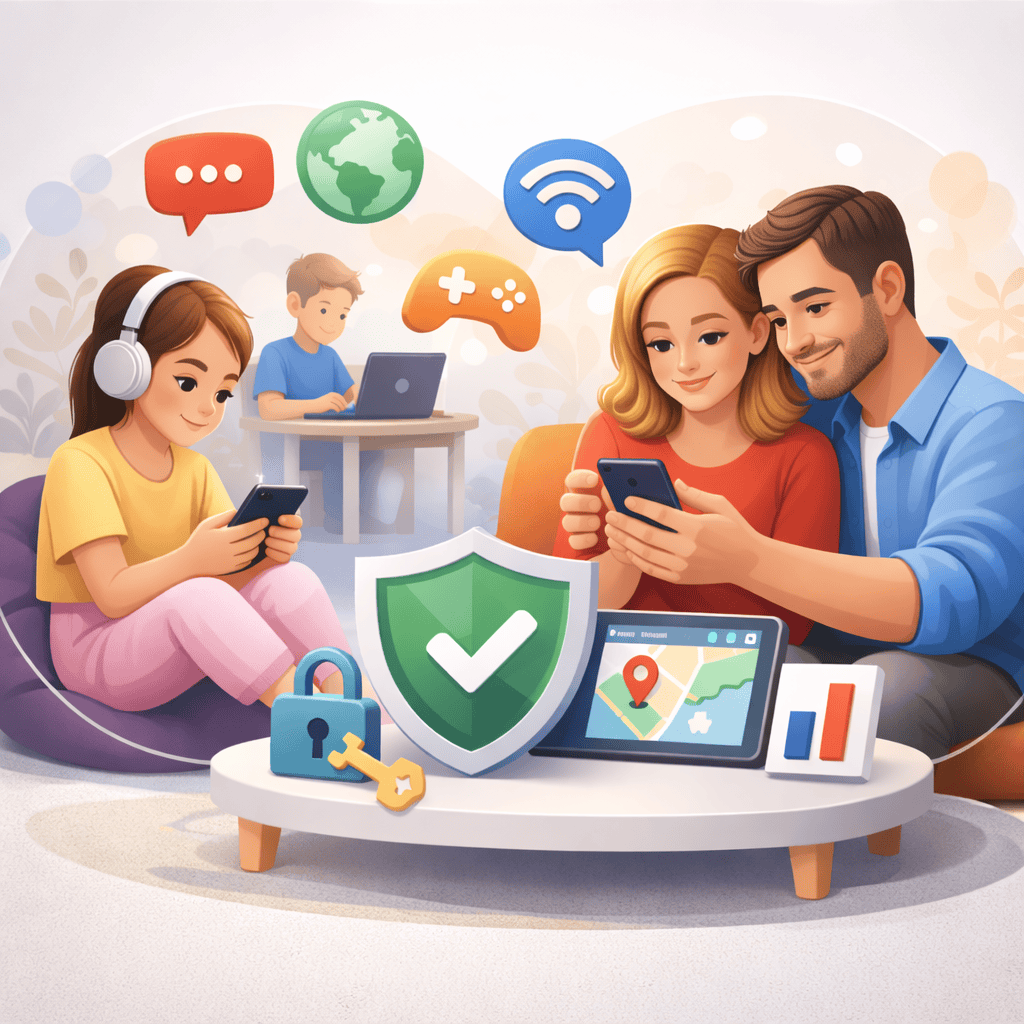 A 3D-style illustration showing parents reviewing digital activity on a smartphone while their child uses a laptop nearby, with visual icons representing online safety, screen time, and content awareness.